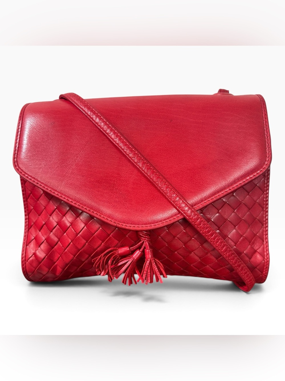 Bottega Veneta Intrecciato Red Woven Leather Crossbody Bag with Tassel